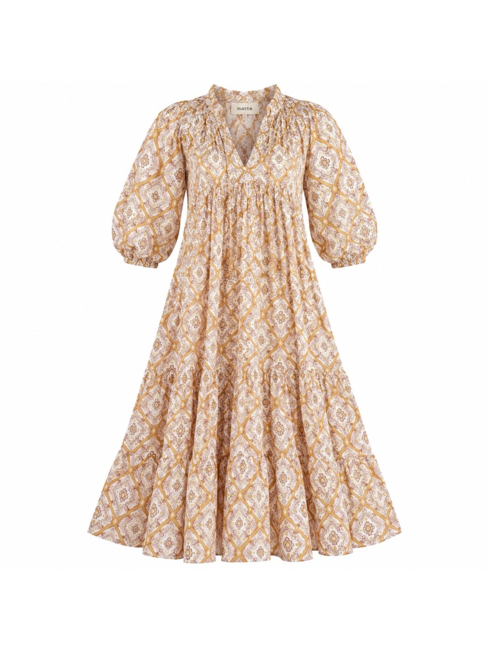 Matta New York Katia Diu Moroccan Block Print Cotton Midi Dress XS